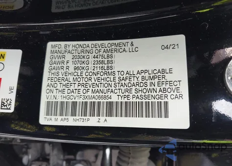 2021 Honda Accord Sport from USA, damaged, VIN 1HGCV1F3XMA066854